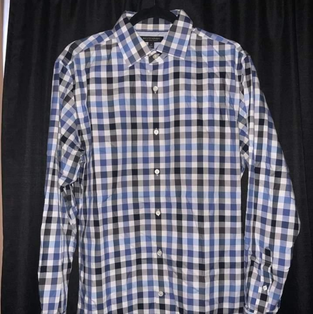 Banana Republic Camden Fit Men's Shirt M Blue White Check Long Sleeve Non Iron